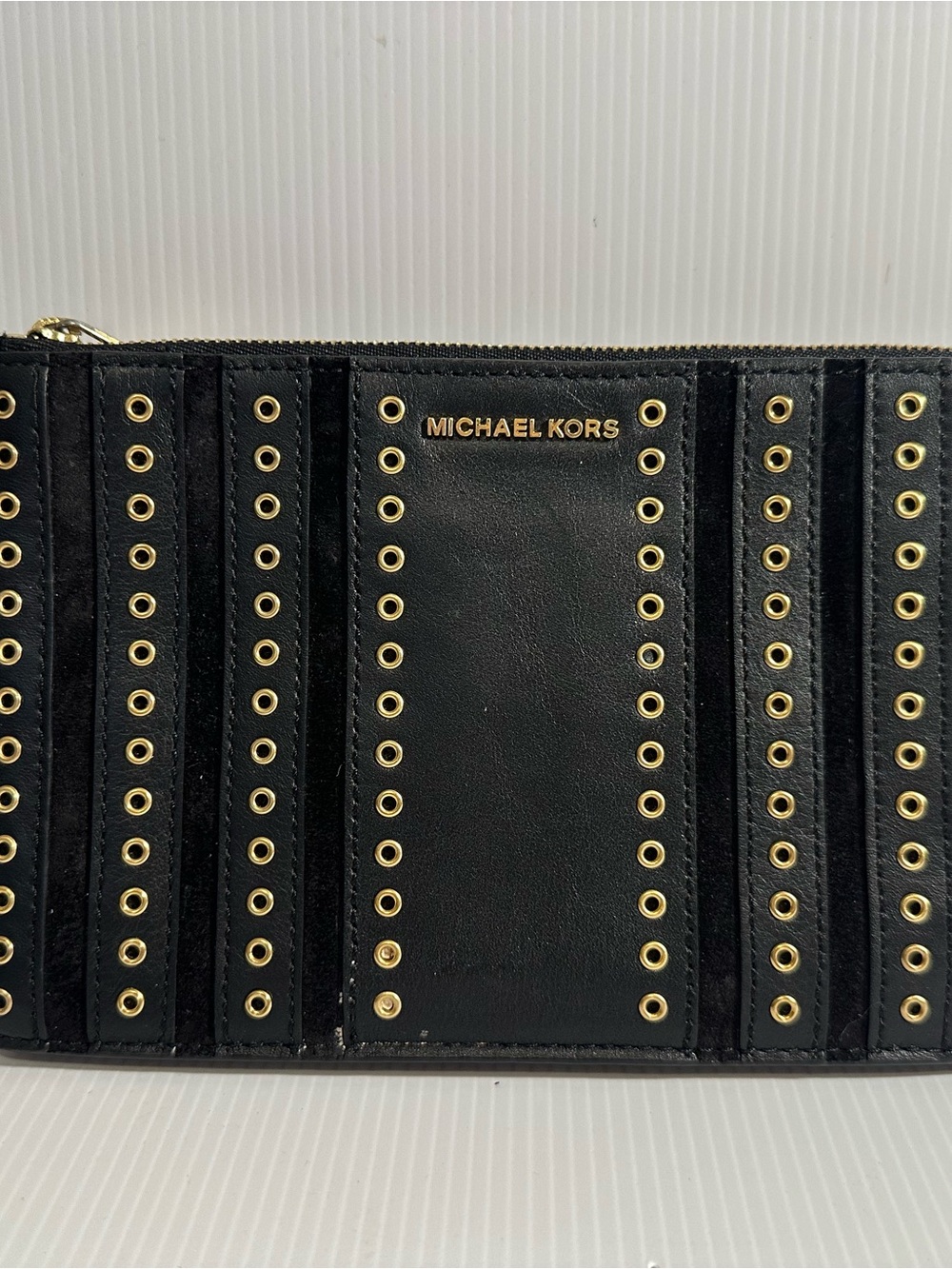 Michael Kors Black Leather Zip Pouch with Gold Eyelets